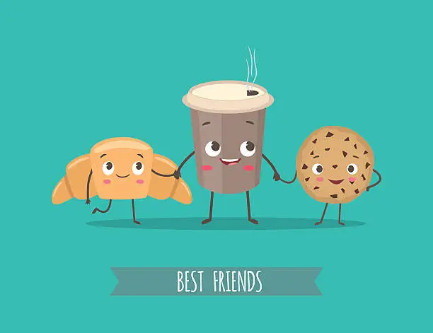 Vector illustration of Funny characters croissant, cookies with chocolate and cup of coffee