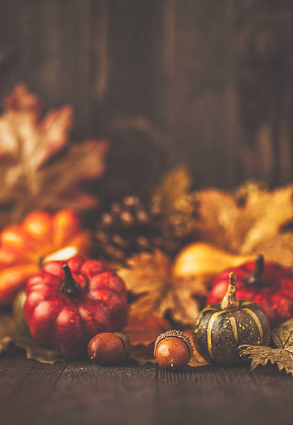 istock Thanksgiving still life background with pumpkins and acorns 613049364