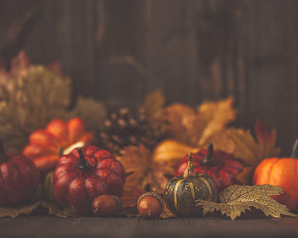 istock Thanksgiving still life background with pumpkins and acorns 613049376
