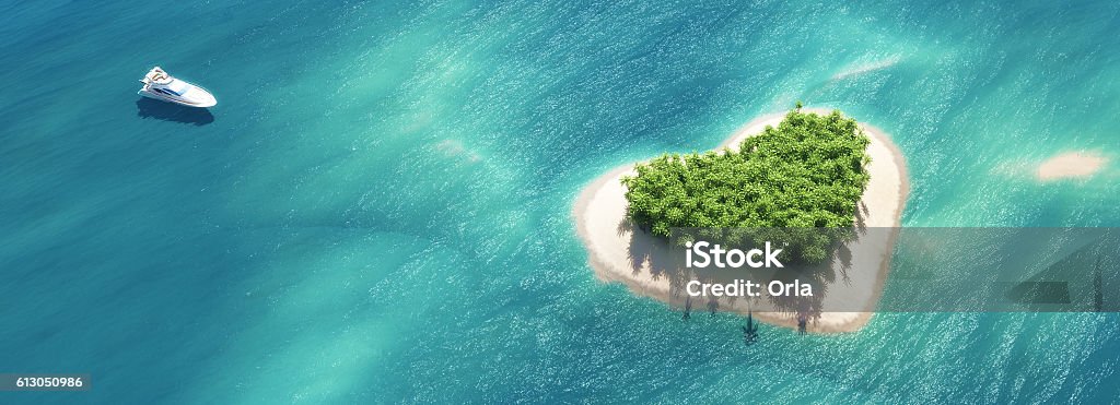 Paradise tropical island Top view of a boat anchors to a heartshaped island. This is a 3d render illustration Heart Shape Stock Photo