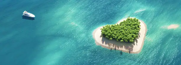 Top view of a boat anchors to a heartshaped island. This is a 3d render illustration