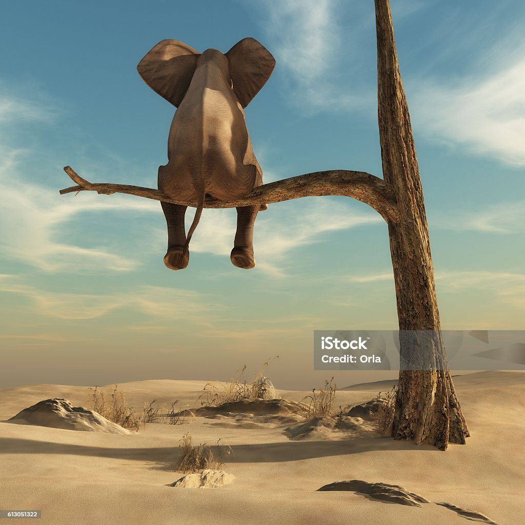 Elephant stands on thin branch of withered tree Elephant stands on thin branch of withered tree in surreal landscape. This is a 3d render illustration Humor Stock Photo
