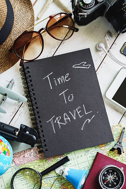 istock Traveler's accessories and items with black notebook 613052436
