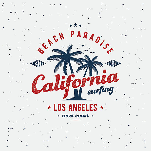 캘리포니아 프린트 그레이 - text surfing surf palm tree stock illustrations