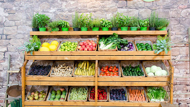 fruit vegetables shelves background fruit vegetables shelves background produce section stock pictures, royalty-free photos & images
