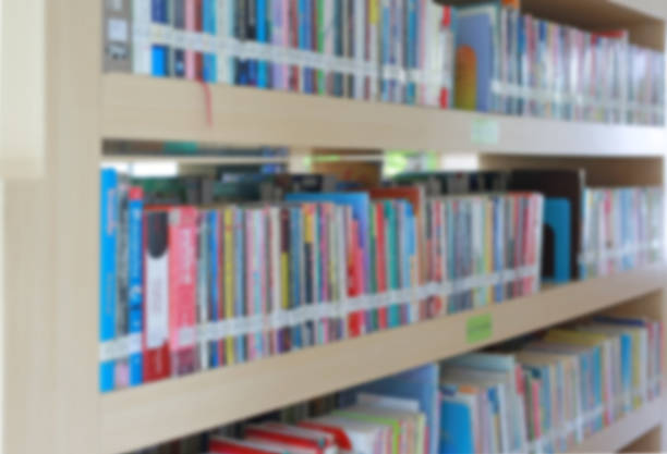 istock Blurred bookshelf in library, abstract blur defocused background 613057320