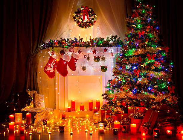 istock Christmas Tree Night Room Interior, Home Decoration Lights, Fireplace 613058406