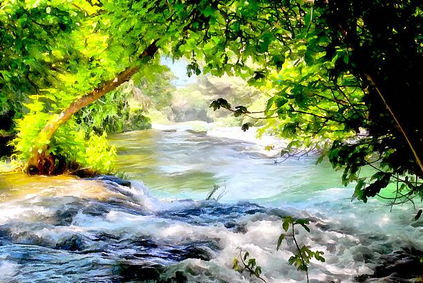 Background watercolor painting of a grassy field road, mountains and Rocky waterfall in the river rapids