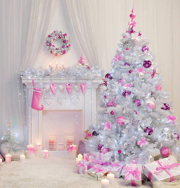Christmas Tree Interior, Xmas Fireplace, Pink White Decorated Indoor Christmas Tree Interior, Fireplace in Pink White Decorated Indoor, Fantasy Xmas Room pink christmas tree stock pictures, royalty-free photos & images