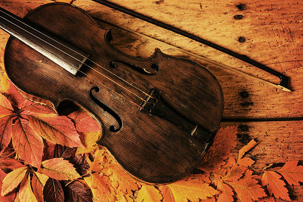 istock Old violin and autumn leaves over an old rustic table 613101852