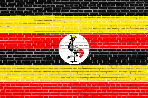 Ugandan national official flag. African patriotic symbol, banner, element, background. Flag of Uganda on brick wall texture background