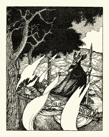 Vintage engraving of Wotan's abschied, by Alan Wright. Wotan mourning over the body of a Valkyrie warrrioress.