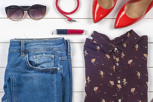 istock Women clothing set and accessories on light  background. 613106034