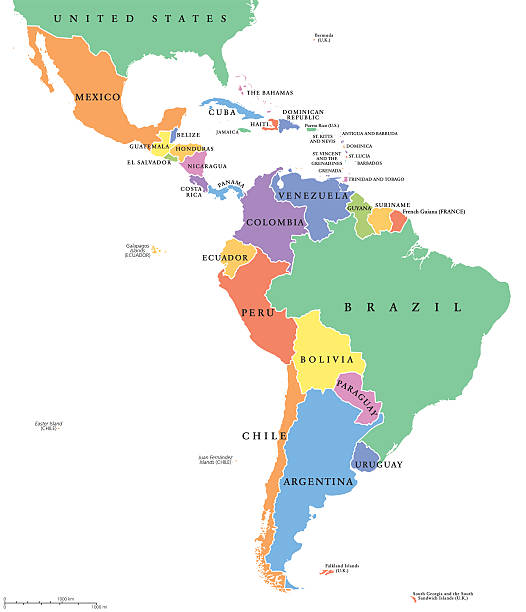 Latin America single states political map Latin America single states political map. Countries in different colors, with national borders and English country names. From Mexico to the southern tip of South America, including the Caribbean. caribbean stock illustrations