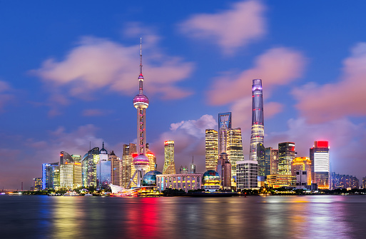 Twilight shot with the Shanghai skyline along the Huangpu river, China
