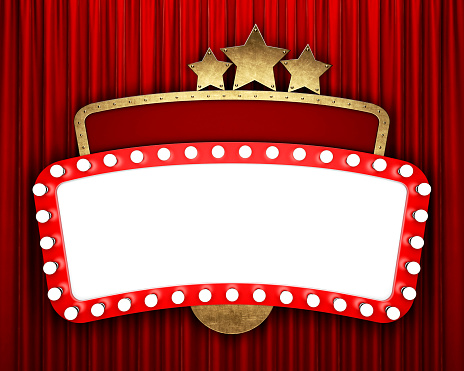 Retro cinema banner with red curtain  and stars. 3D rendering