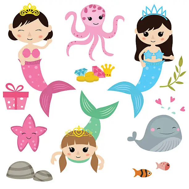 Vector illustration of Set of cute girl mermaids