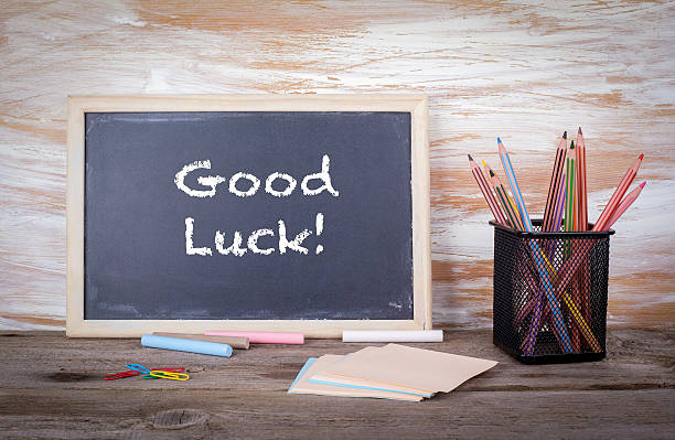 good luck text on a blackboard - luck imagens e fotografias de stock