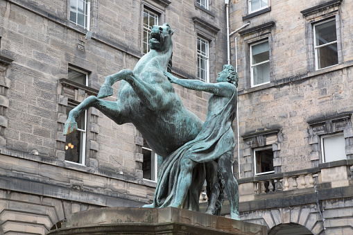 Alexander and Bucephalus Statue by Steell (1883), City Chambers on Royal Mile Street; Edinburgh; Scotland