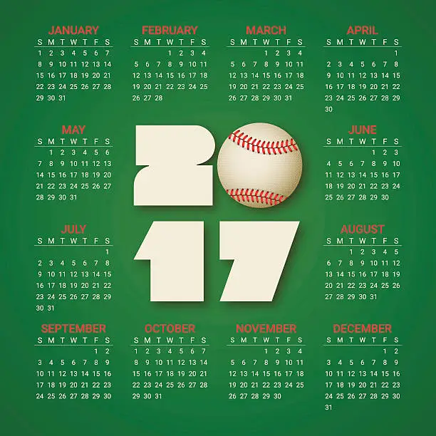 Vector illustration of Calendar for 2017 Year with baseball ball. Sport, games theme.
