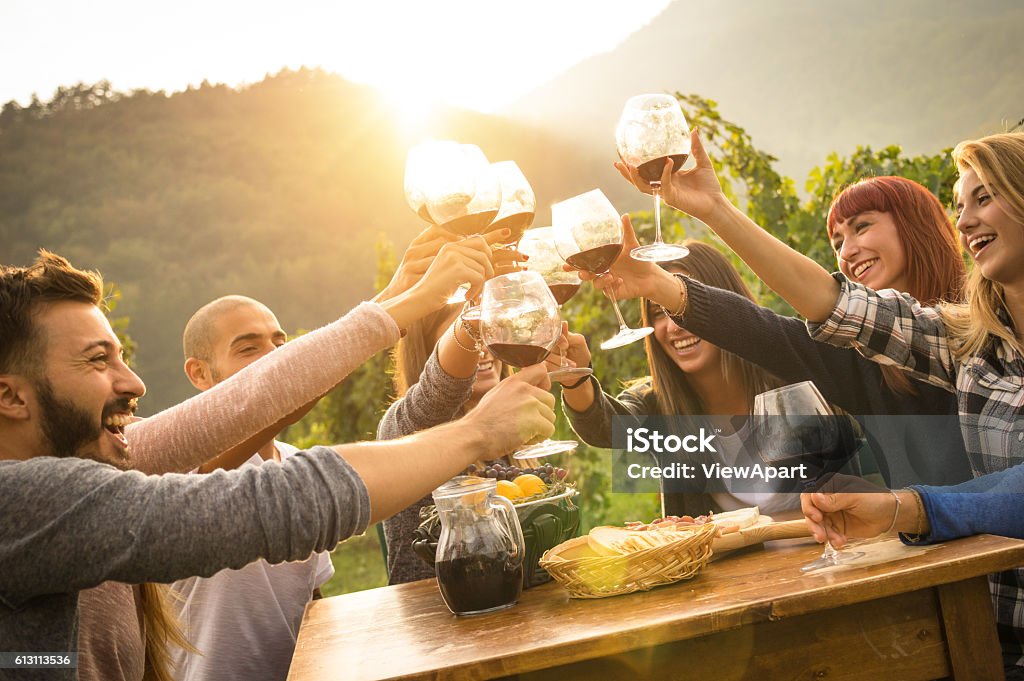 Happy friends having fun an drinking wine in autumn time Happy friends having fun outdoors - Young people enjoying harvest time together at farmhouse vineyard countryside - Youth and friendship concept - Focus on hands toasting wine glasses with sun flare Wine Stock Photo