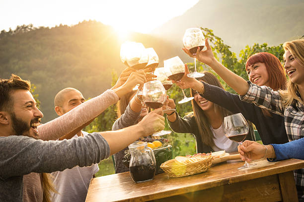 Happy friends having fun an drinking wine in autumn time Happy friends having fun outdoors - Young people enjoying harvest time together at farmhouse vineyard countryside - Youth and friendship concept - Focus on hands toasting wine glasses with sun flare family reunion stock pictures, royalty-free photos & images