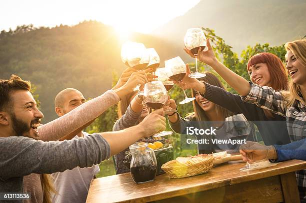 Happy Friends Having Fun An Drinking Wine In Autumn Time Stock Photo - Download Image Now