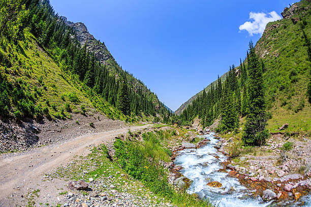 istock Mountain road along a mountain river in Kyrgyzstan 613117206