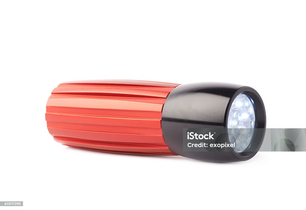 Red pocket flashlight isolated Red metal pocket light-emitting diode led flashlight isolated over the white background Battery Stock Photo