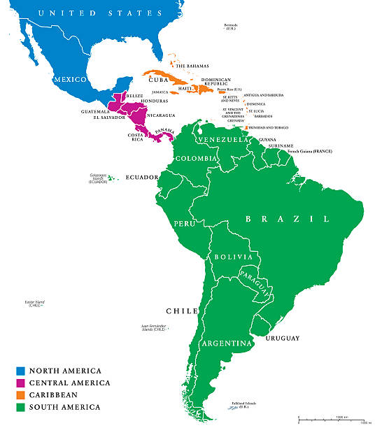 Latin America regions political map Latin America regions political map. The subregions Caribbean, North, Central and South America in different colors, with national borders and English country names. Illustration on white background. central america stock illustrations