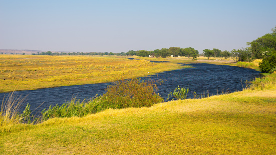 Chobe River landscape, view from Caprivi Strip on Namibia Botswana border, Africa. Chobe National Park, famous wildlilfe reserve and upscale travel destination.