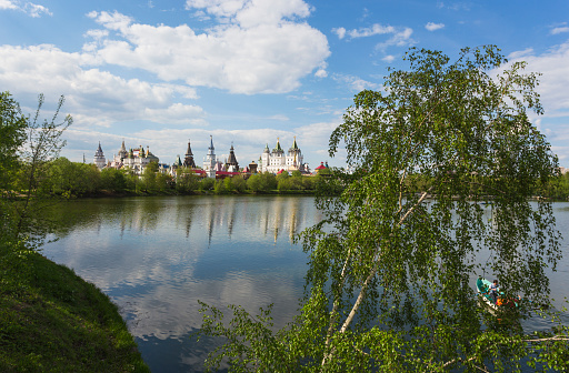 Moscow landscape. Kremlin in Izmailovo is reflected in the lake.