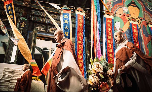 Seoul, Republic of Korea - October 8, 2016: Korean Buddhist Monks walking during a ceremony at Bongeunsa Temple, Seoul, South Korea. 