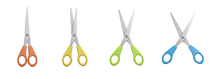 Metal Scissors Set with Colored Hilt and Different Aperture,  on White Background 3D Illustration
