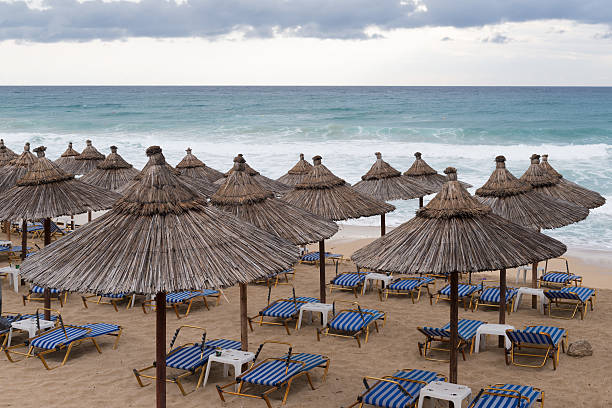 istock Thatch umbrellas on the beach in Greece 613129066