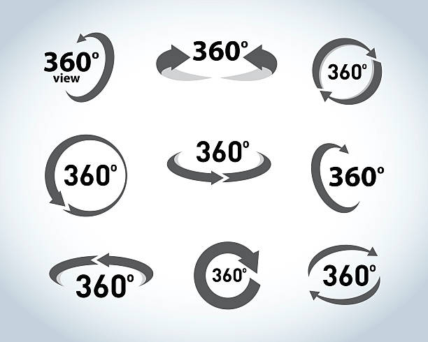 ilustraciones, imágenes clip art, dibujos animados e iconos de stock de iconos vectoriales planos de vista de 360 grados. - computer equipment virtual reality simulator mathematics technology
