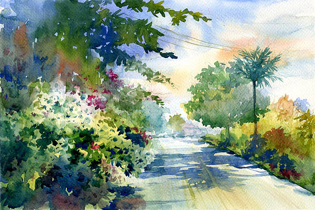 pintura aquarela da paisagem de outono com uma bela estrada - paintings watercolor painting tree landscape - fotografias e filmes do acervo