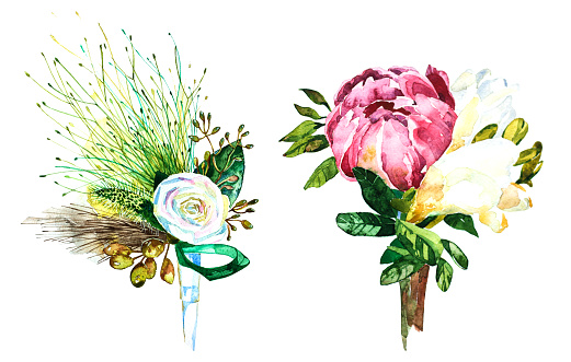 Flowers watercolor illustration. Hand drawn watercolor sketch for wedding design. Bouquet and boutonniere
