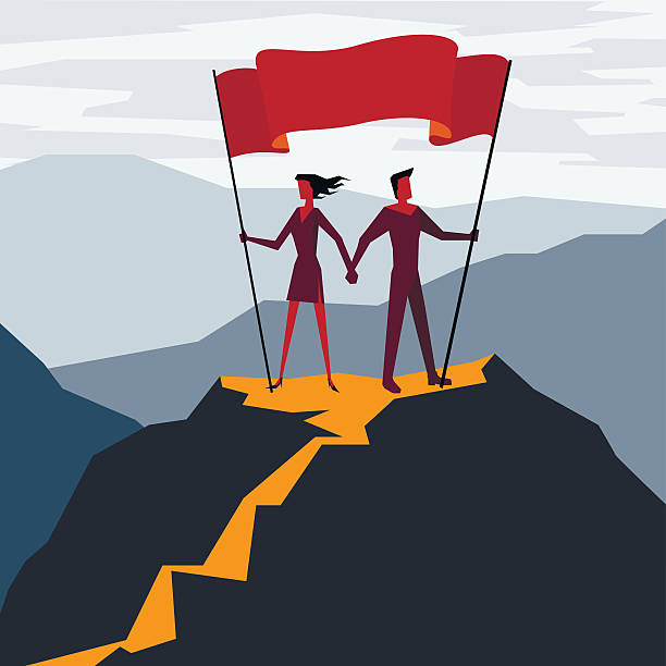 ilustraciones, imágenes clip art, dibujos animados e iconos de stock de hombre y mujer con bandera en el pico de una montaña - sección alta ilustraciones