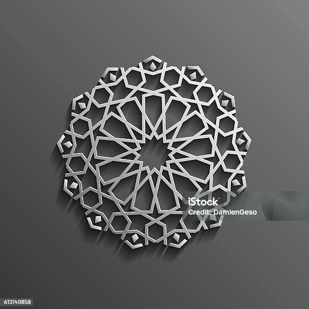 Islamic 3d On Dark Mandala Round Ornament Background Architectural Muslim Stock Illustration - Download Image Now