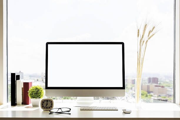 istock Designer workplace with blank monitor 613142106