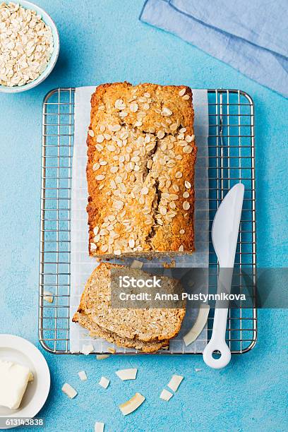 Healthy Vegan Oat And Coconut Loaf Bread Cake Stock Photo - Download Image Now - Bakery, Bread, Breakfast