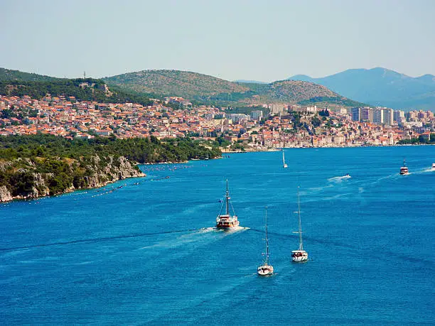 River Krka and city of Sibenik coast line in Croatia.