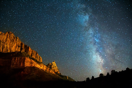 Long exposure photo of the stars and Milky Way over Zion Canyon National Park in Utah, USA
