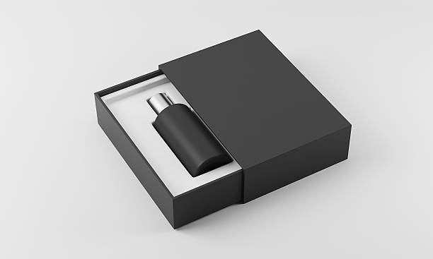 istock Black perfume bottle in white and black box 613146938