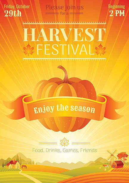 Fall party invitation design. Harvest festival poster. Thanksgiving vector illustration. Fall party invitation design. Harvest festival poster. Thanksgiving day - american traditional family holiday. Autumn pumpkin patch, landscape background, villa house, agriculture vector illustration. harvest festival stock illustrations