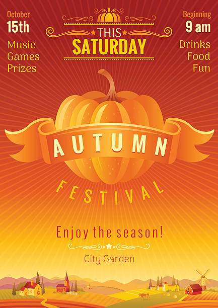 illustrations, cliparts, dessins animés et icônes de conception d’invitation de fête d’automne. affiche du festival des récoltes. illustration vectorielle de thanksgiving. - landscaped sign farm landscape