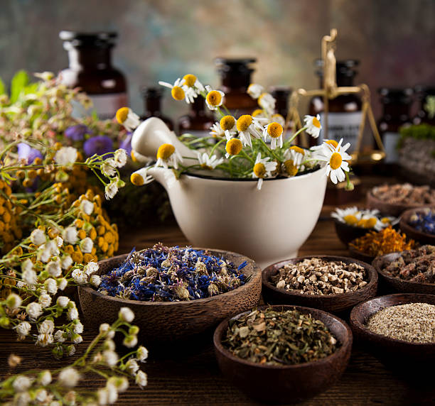 istock Medicine bottles and herbs background 613210864