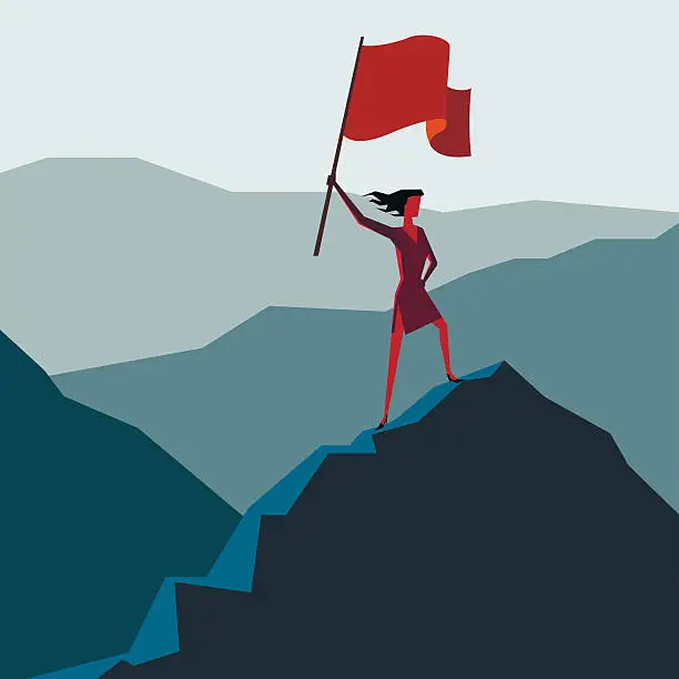 Vector illustration of Woman with flag on a Mountain peak