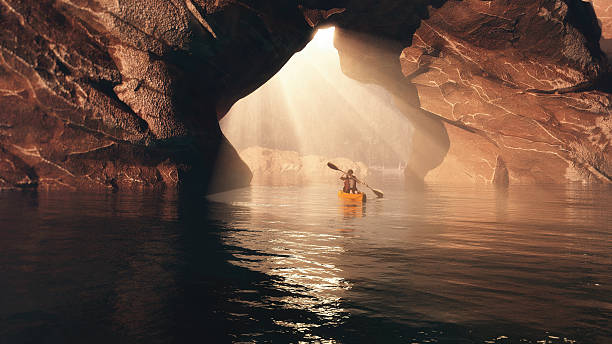 Boat in cave. stock photo